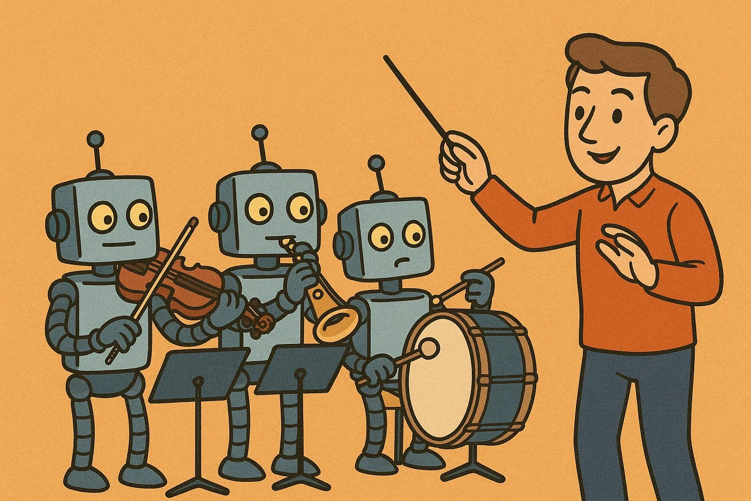 Robots passing a baton in sequence, each agent handing off cleanly to the next in the pipeline.