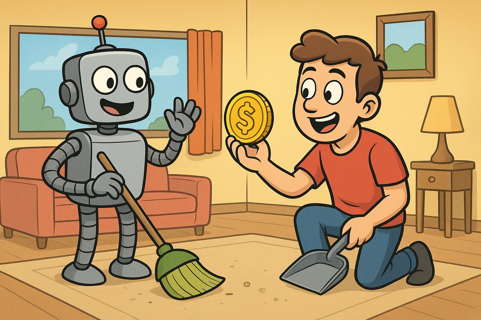 A robot at a dispatch console routing tasks, transforming routine maintenance into coordinated infrastructure.