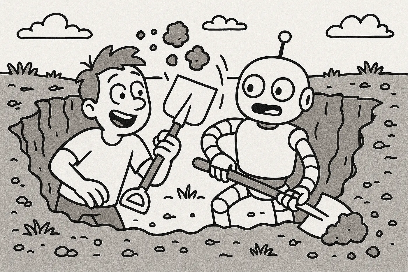 A robot digging upward through layered soil, working systematically out of an accumulated complexity trap.