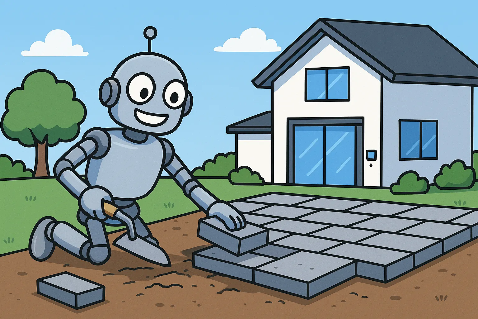 A robot with clipboard and magnifying glass inspecting a foundation before construction can safely resume.