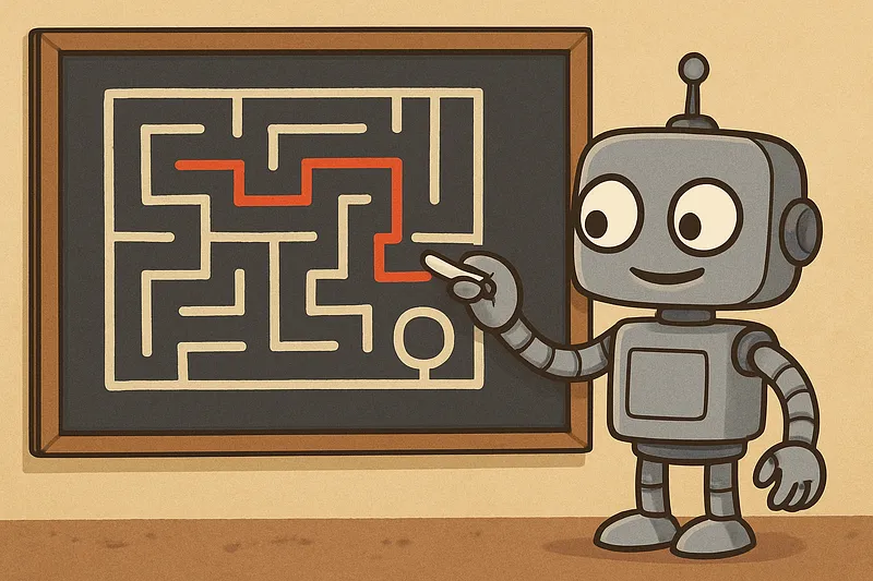 A robot pausing at a maze junction, shifting from following instructions to reasoning about the path.