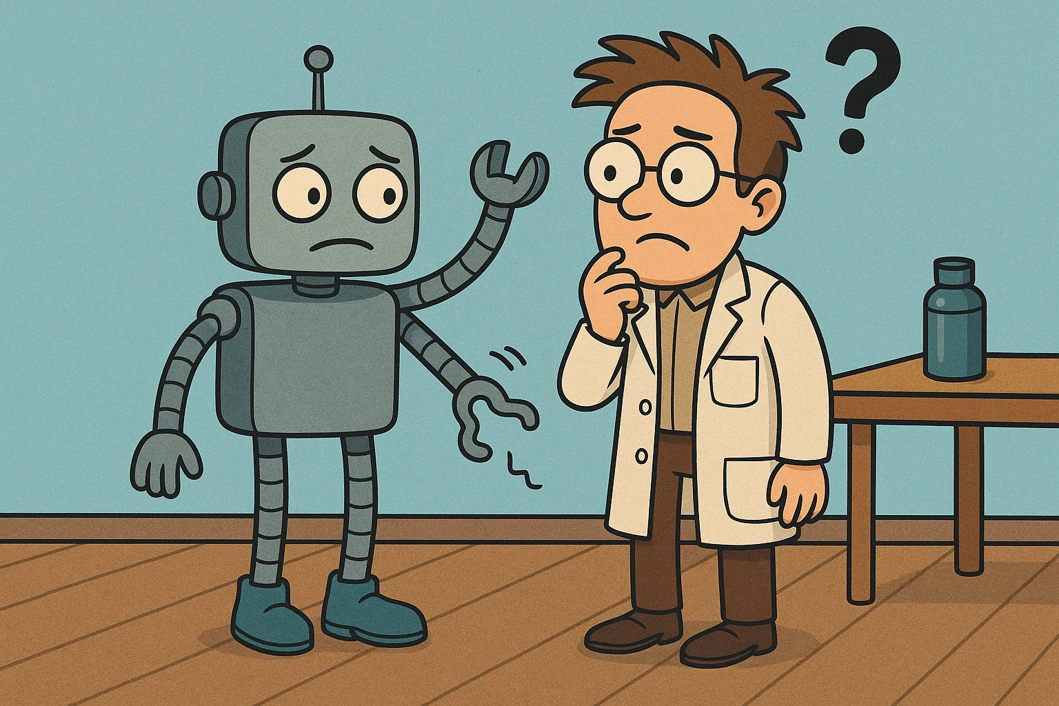 A robot sprouting an awkward third arm, embodying the unwieldy workarounds that accumulate as technical debt.