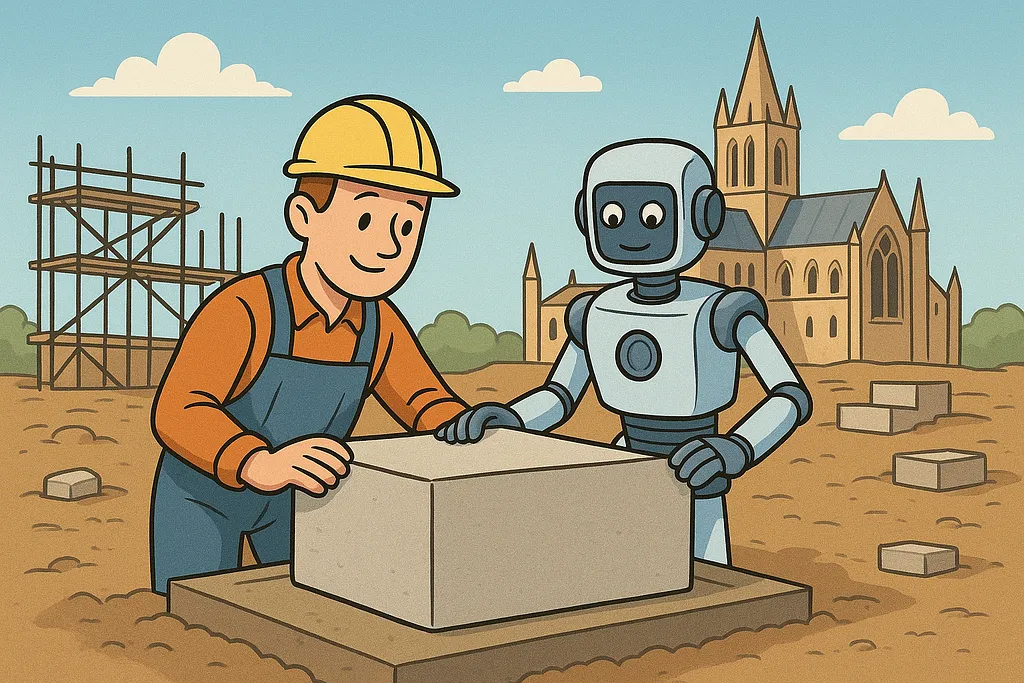 A robot laying a cornerstone, setting the base on which everything else will be built.