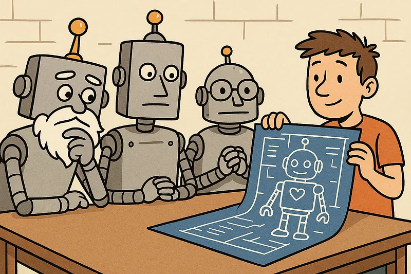 Three robots in conference, each independently arriving at the same verdict: start the design over.