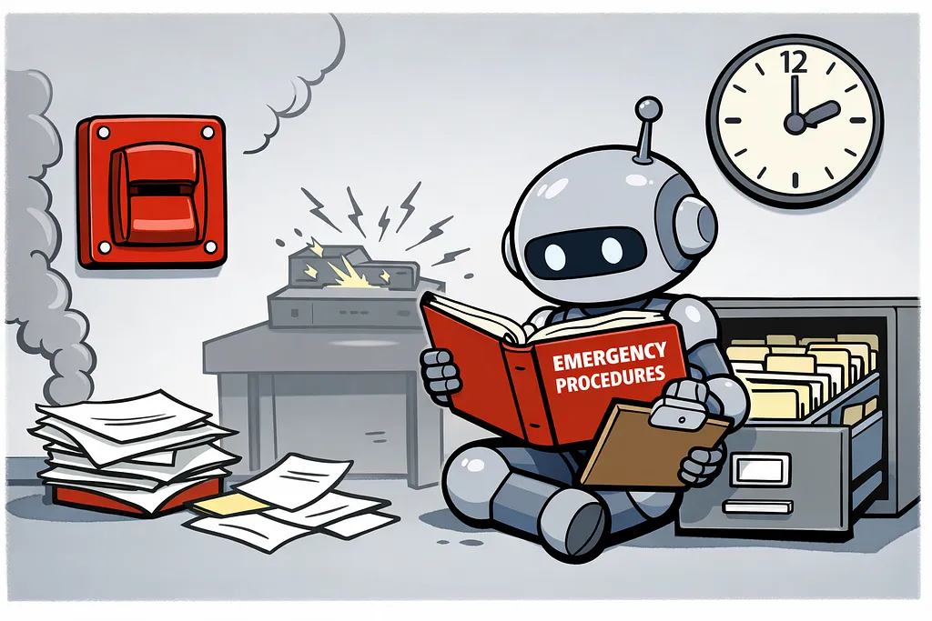 A robot reacting to a blaring alarm after overly detailed instructions triggered the problem they aimed to prevent.