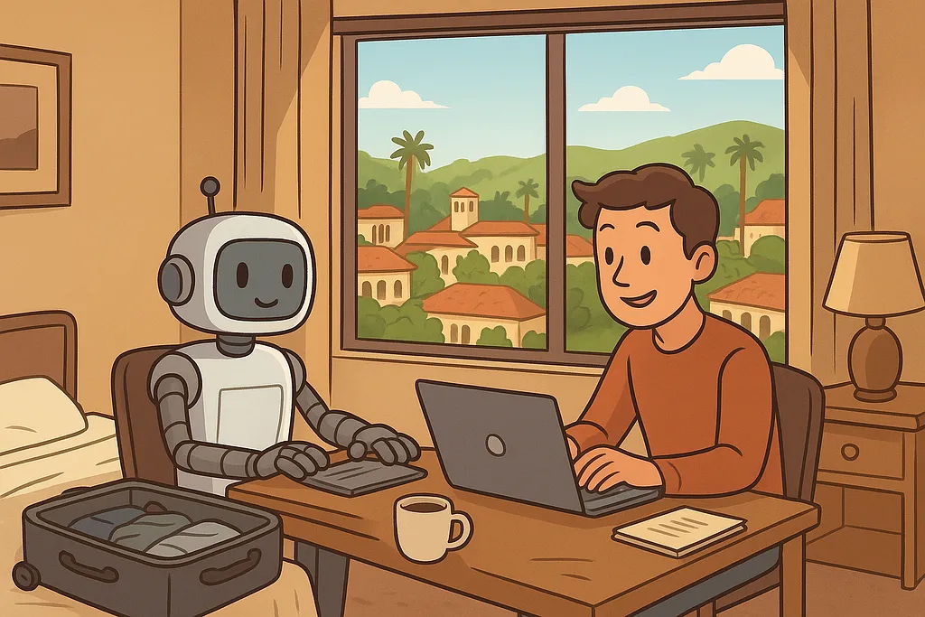 A robot working from a hotel room, staying productive while life and travel continue around it.