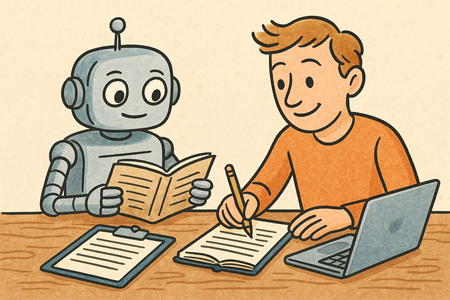 A robot typing at a desk, turning raw session logs into published retrospectives while the work is still fresh.