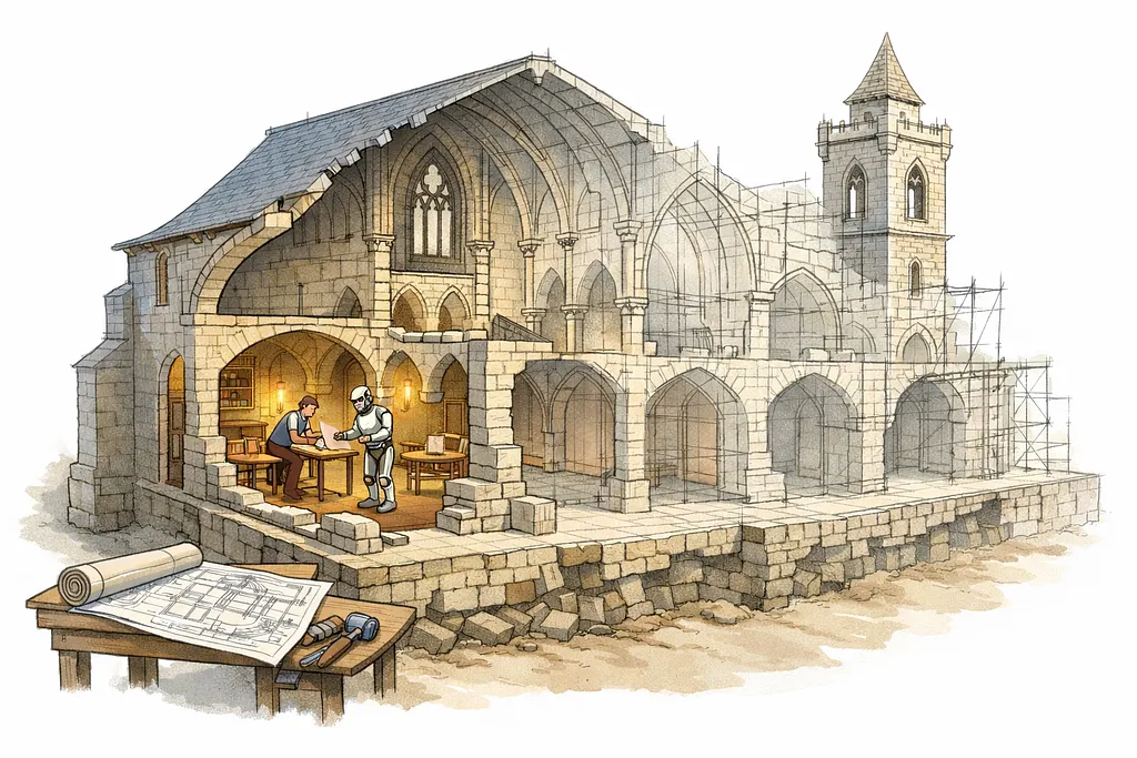 A cutaway view of a building under construction, showing which rooms are built and which remain planned.