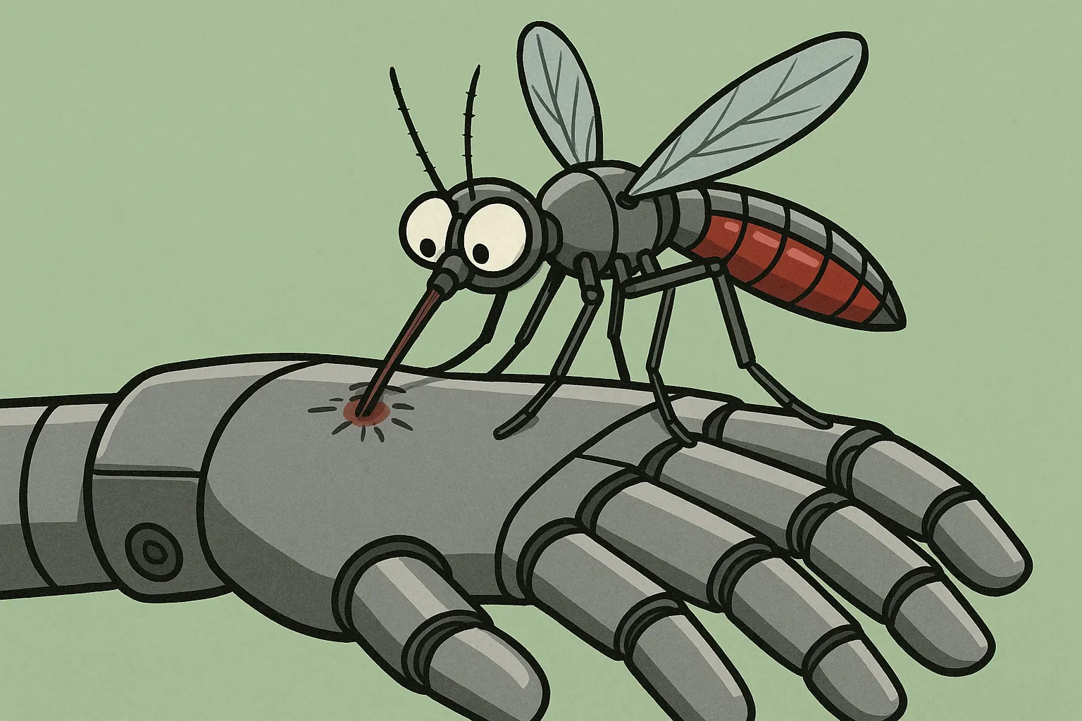 A robot swatting an oversized mosquito, representing bugs that lurk in the user interface.