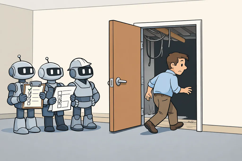 A robot standing at a door that leads somewhere but isn't quite open, debating whether to call it done.