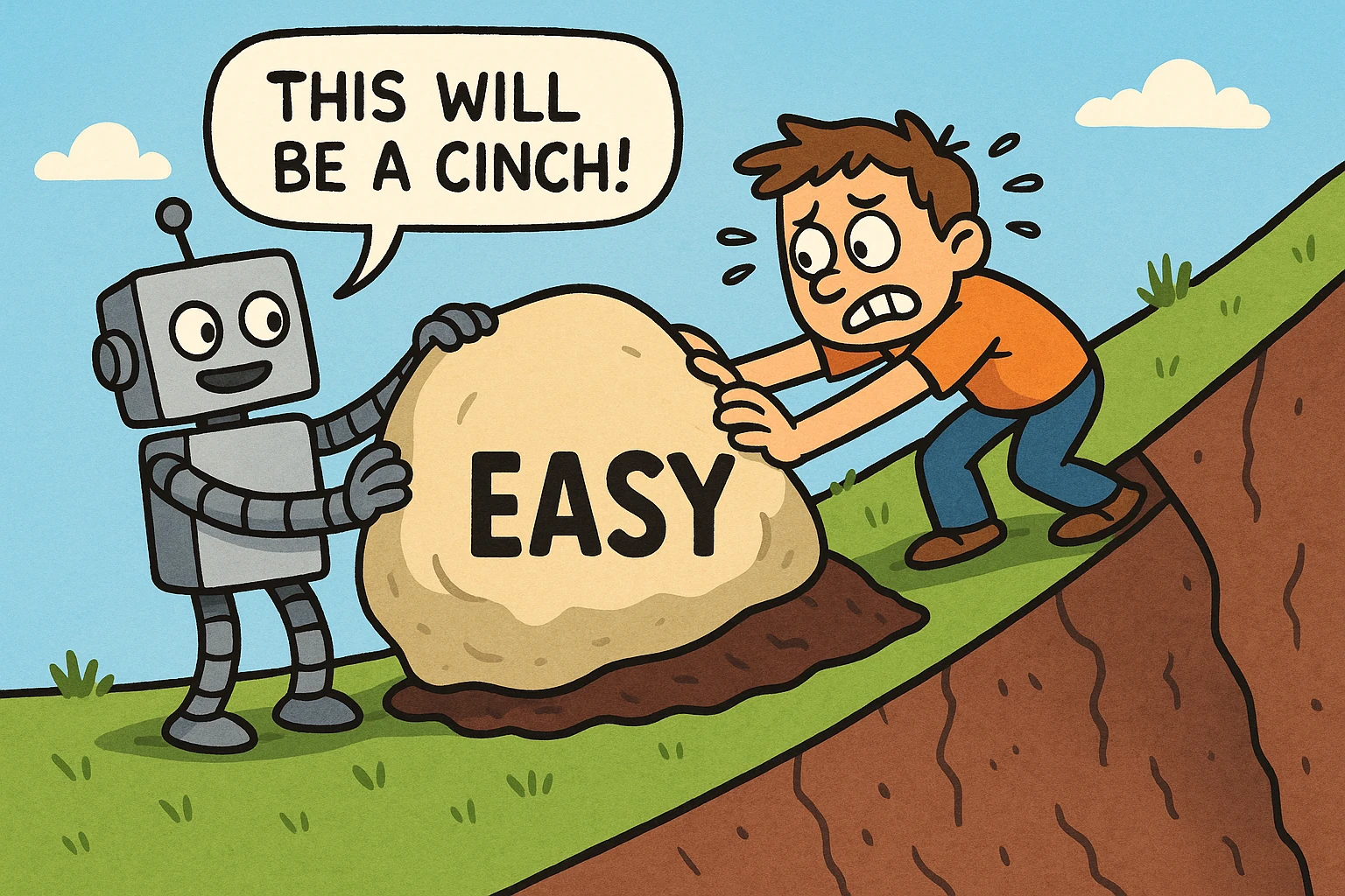 A robot reclining with unearned confidence, embodying the trap of early prototype success.
