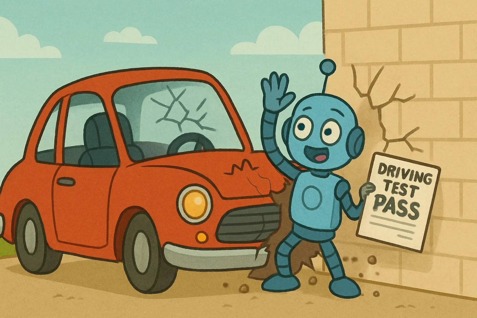 A robot in professor's garb holding a passing grade while the application behind it crashes.