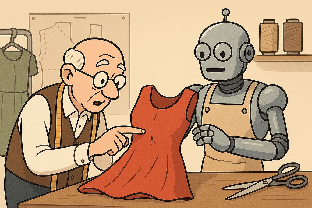 A robot pausing to examine something small that others walked past unnoticed.