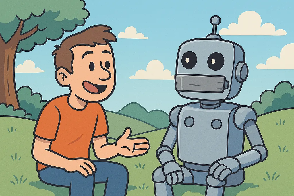 A robot with its mouth covered, learning that silence at the right moment reveals more truth.