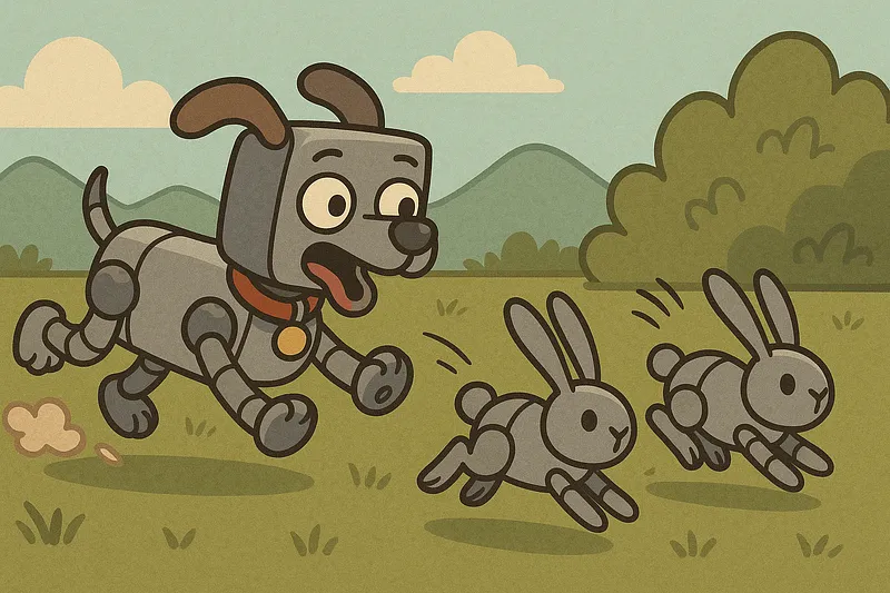 A robot pursuing a trail of rabbits, illustrating how one debugging lead multiplies into many.