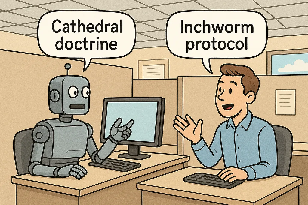 A robot surrounded by shared vocabulary and documented terminology that carries team culture forward.
