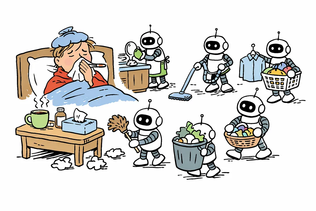 A robot continuing to tend a cathedral during illness, keeping the work alive through reduced capacity.