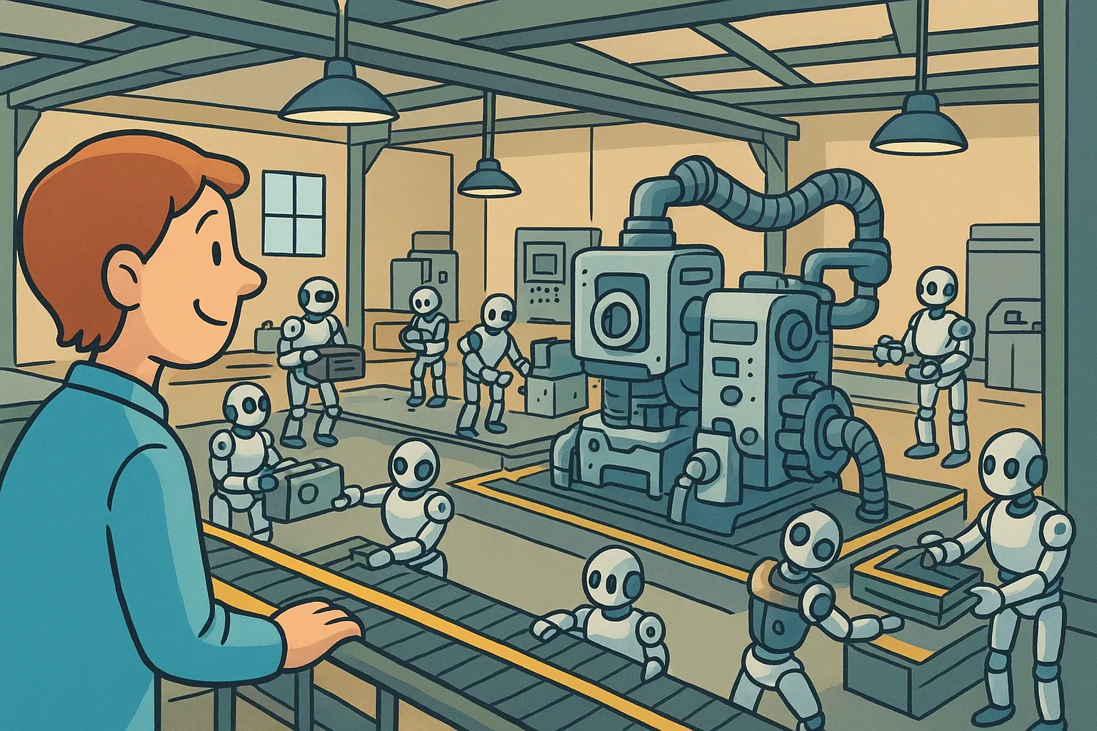 A robot piloting calmly through a hurricane, projecting optimism while chaos swirls outside.