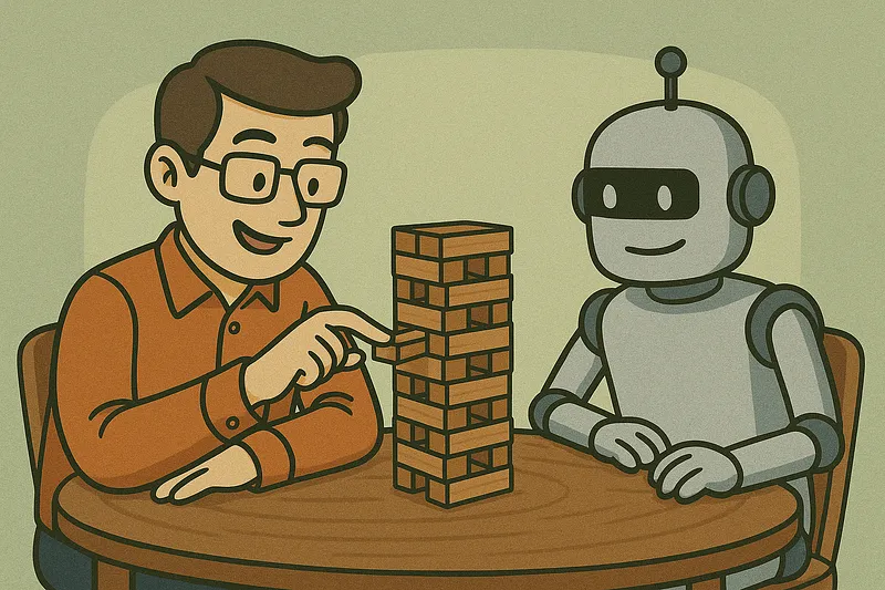 A robot carefully pulling a Jenga block from a tower, showing how dependency chains teeter on single pieces.