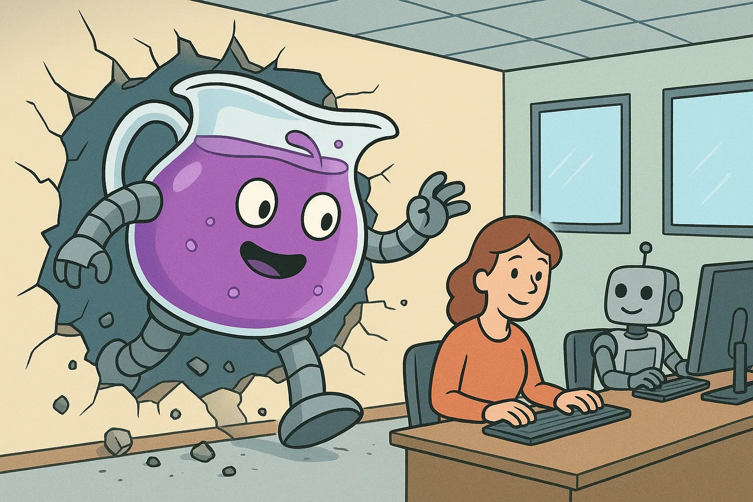 A robot driving a school bus full of ideas, questioning whether the route leads to learning or groupthink.