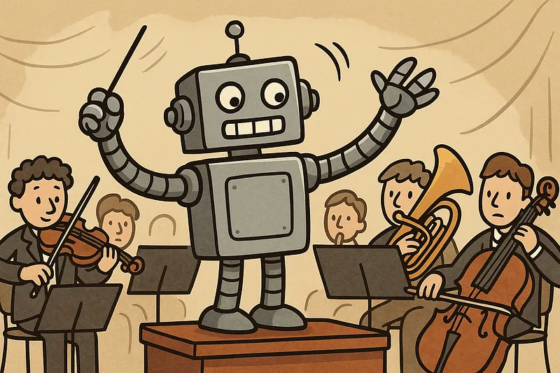 A robot conductor raising a baton to coordinate an ensemble, representing AI orchestrating product thinking.