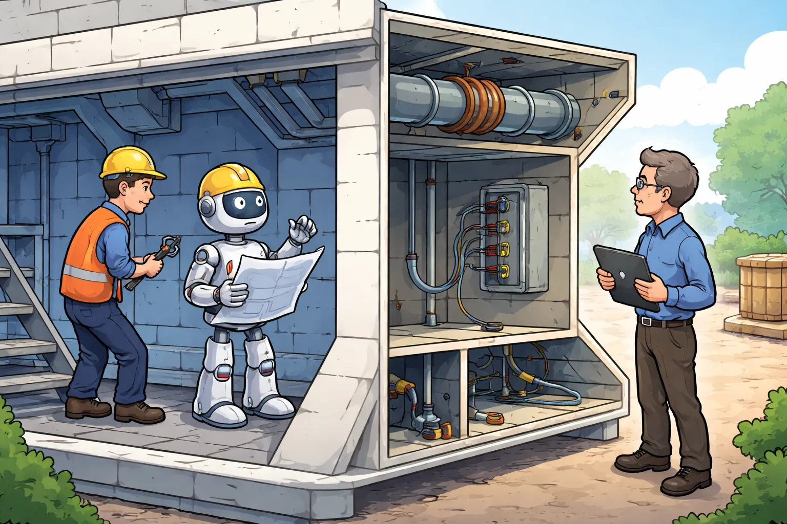 A robot executive assistant reviewing a strategic brief, representing AI as a technical decision partner.