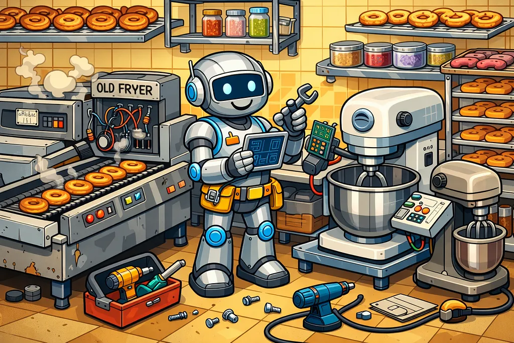 A robot installing upgraded equipment, the calm after crisis giving way to deliberate improvement.