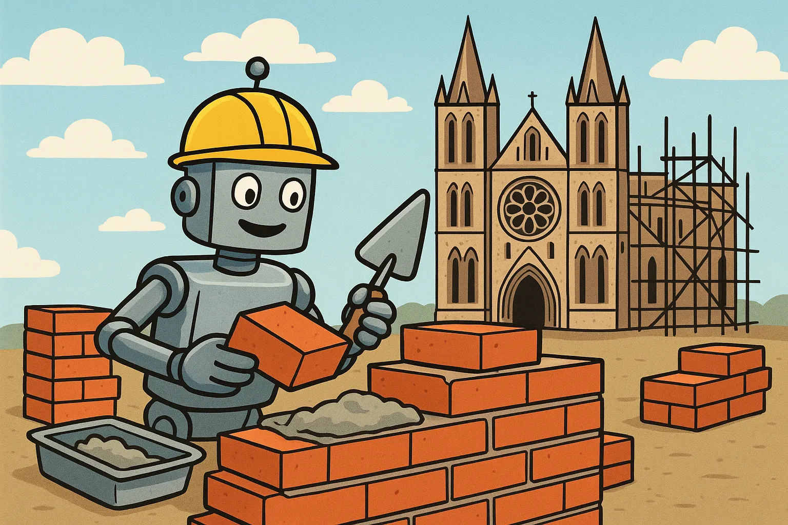 A robot arranging scattered parts toward a grand design, showing agents needing the full architectural vision.