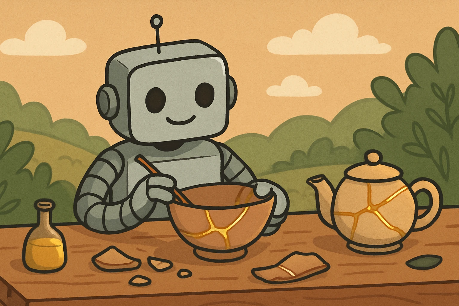 A robot mending cracked ceramic with gold, representing a broken demo repaired into something stronger.