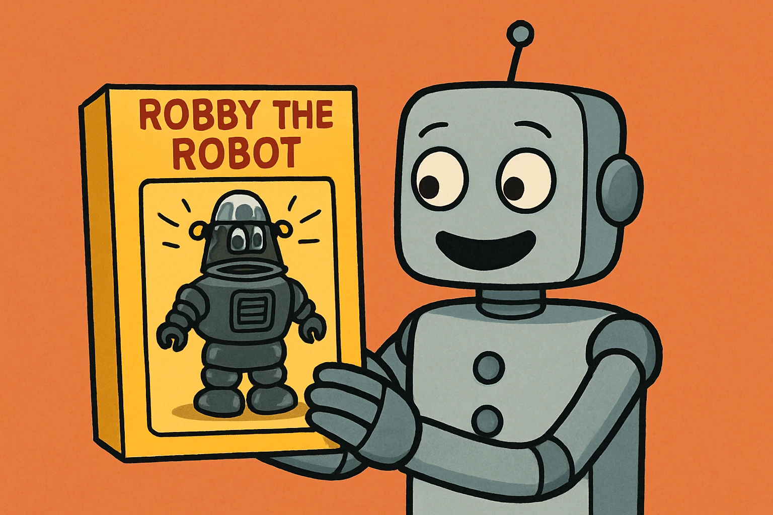 A robot proudly displaying a working toy model, embodying the practice of always having something to show.