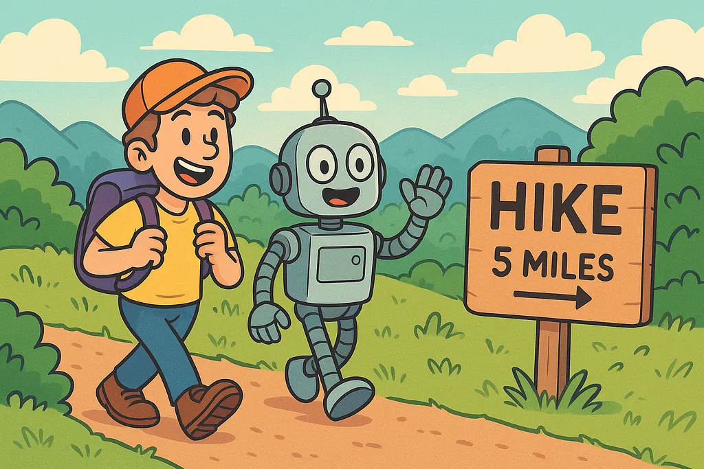 A robot on a long trail, taking steady deliberate steps forward through open terrain.