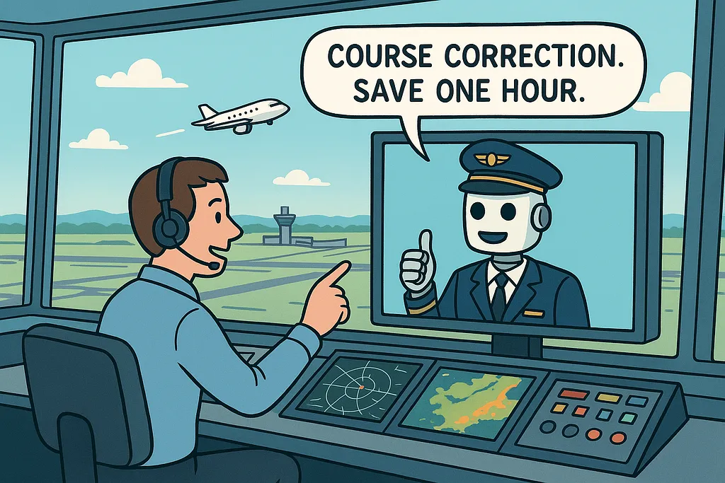 A robot at the controls of a cockpit, course-correcting mid-flight with calm precision.