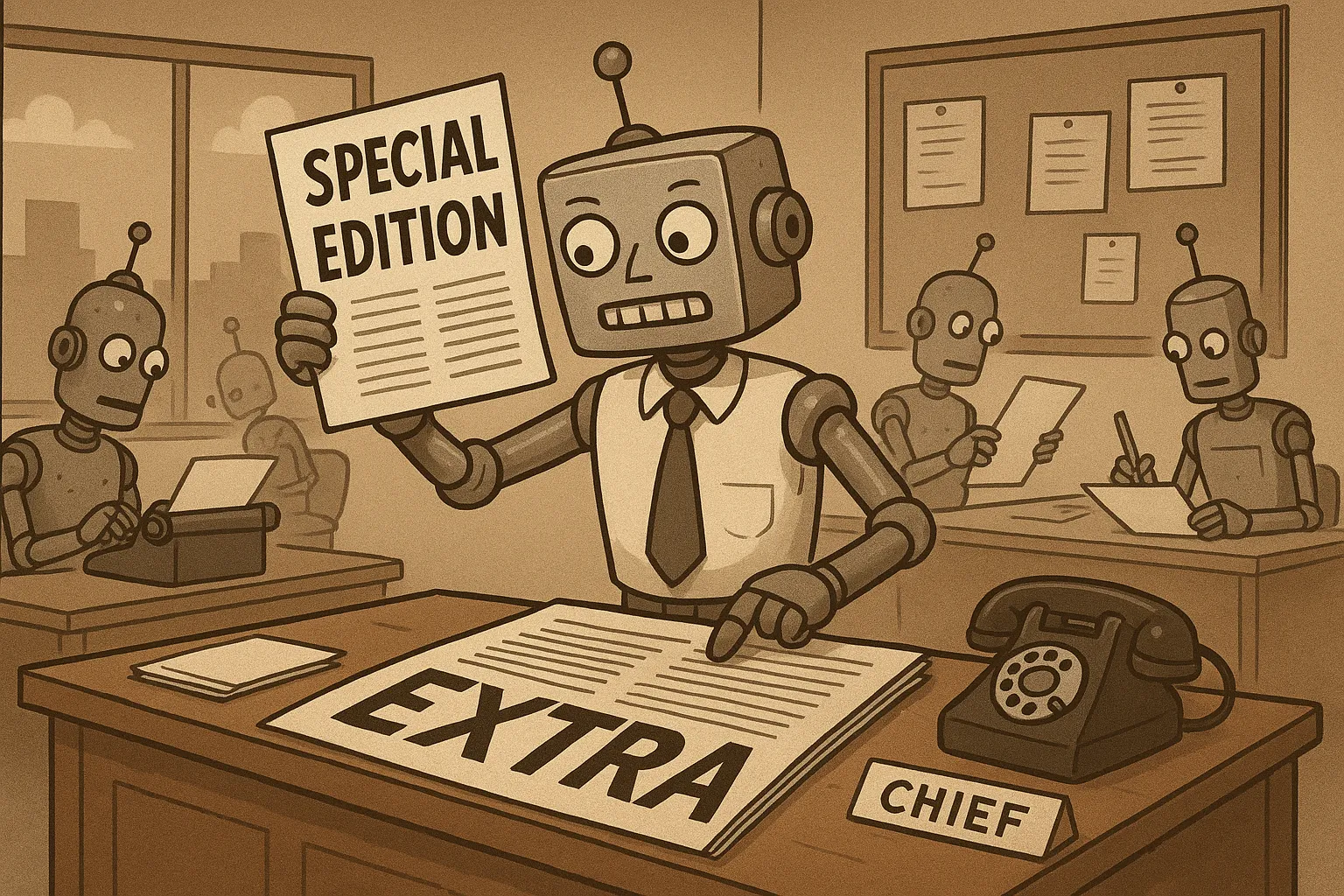 A robot wired up to a verification machine, checking the truth of its own outputs before publishing.