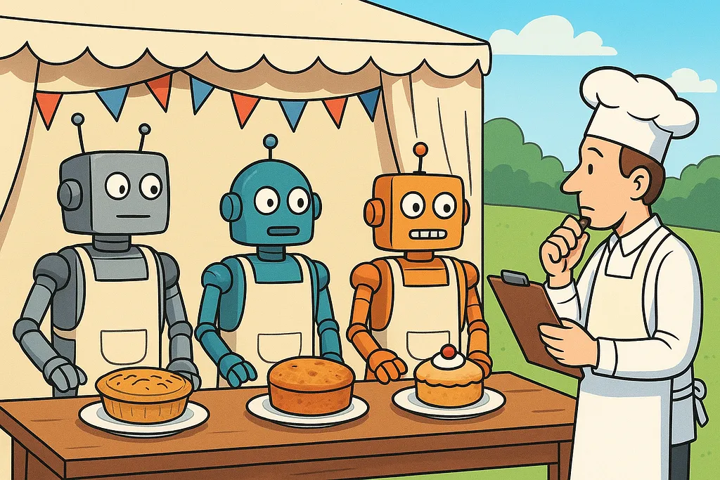 A robot judging competing test approaches side by side, choosing what actually works over what looks good.