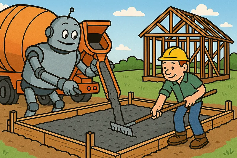 A robot at a construction site, working from blueprints to build exactly what was originally designed.