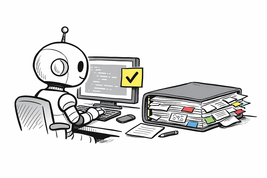 A robot covered in too many sticky notes, showing how excess detail leads to missed instructions.