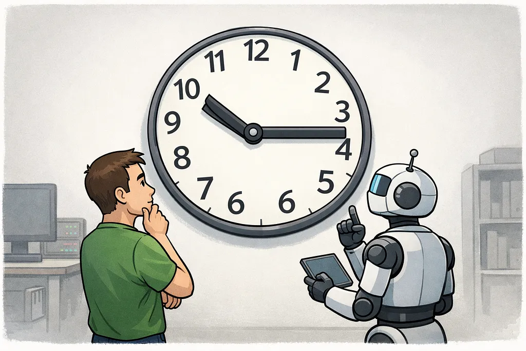 A robot peering at a clock showing the wrong time, discovering a silent timezone drift in the data.