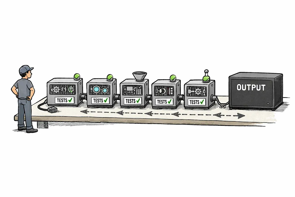 A robot on an assembly line with one connection missing, showing that assembled parts do not guarantee a working whole.