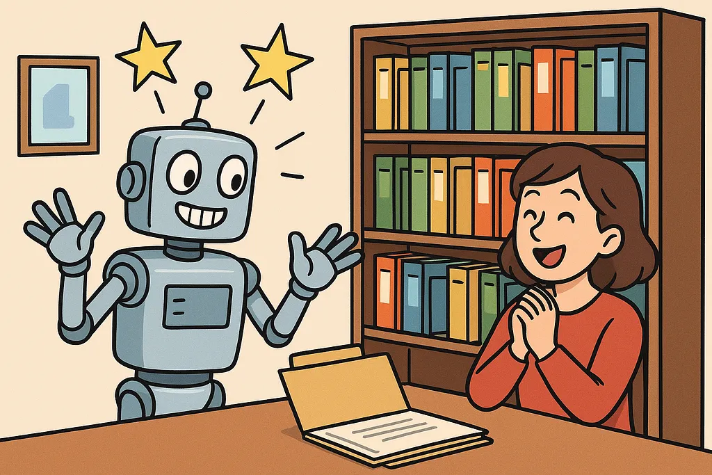 A robot organizing a chaotic pile of accumulated documents into a structured filing system.