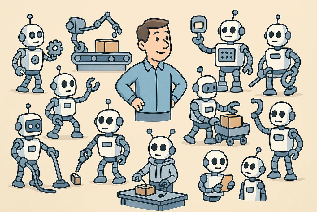 Many robots working in coordinated parallel streams, each handling a distinct piece of work.