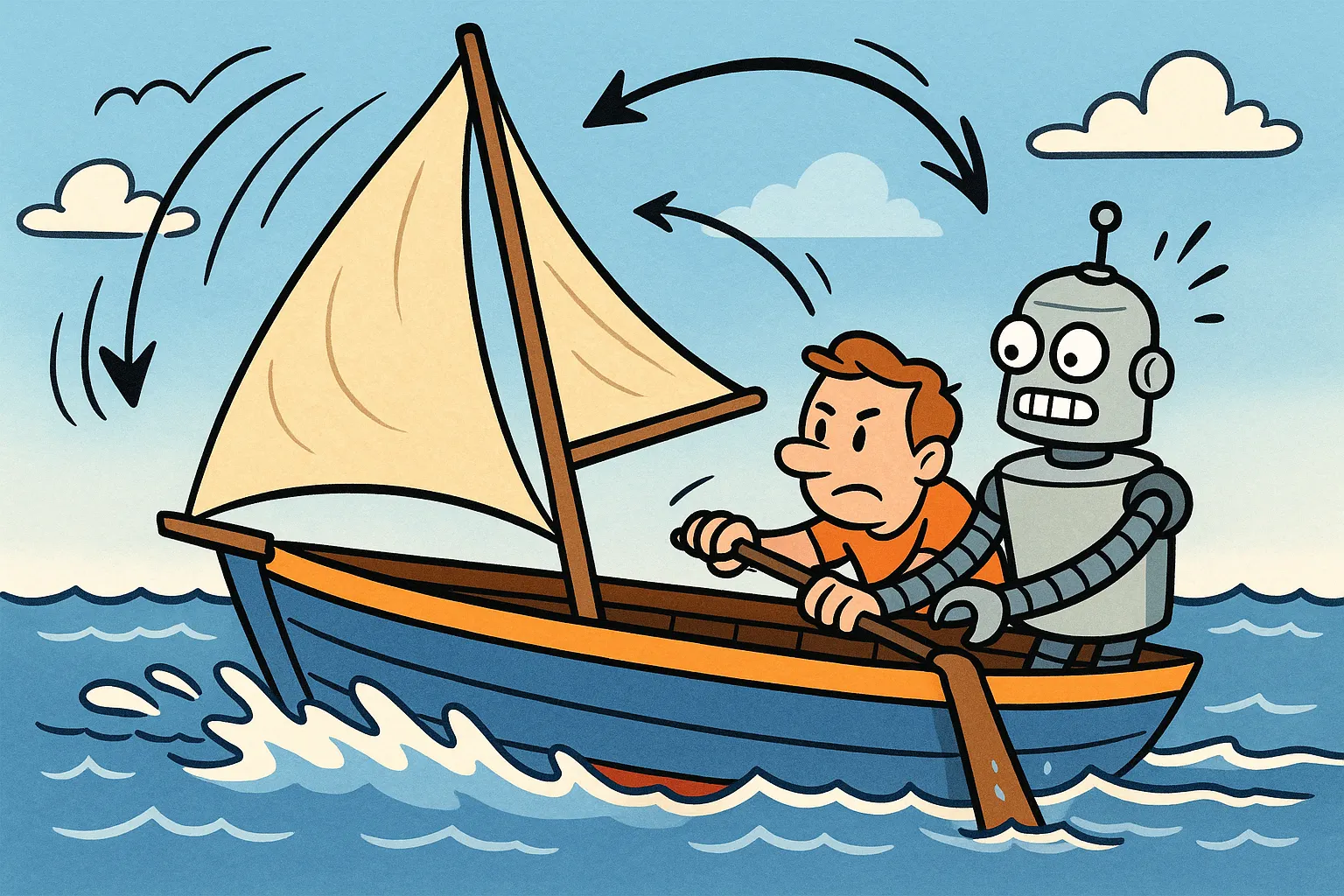A robot steering a sailboat by fixed stars rather than taking the nearest shortcut across the water.