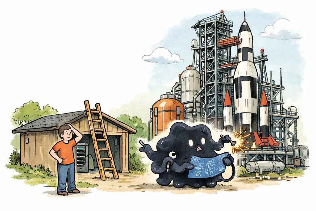 An AI astronaut floating above practical ground, illustrating the pull toward over-engineered solutions.