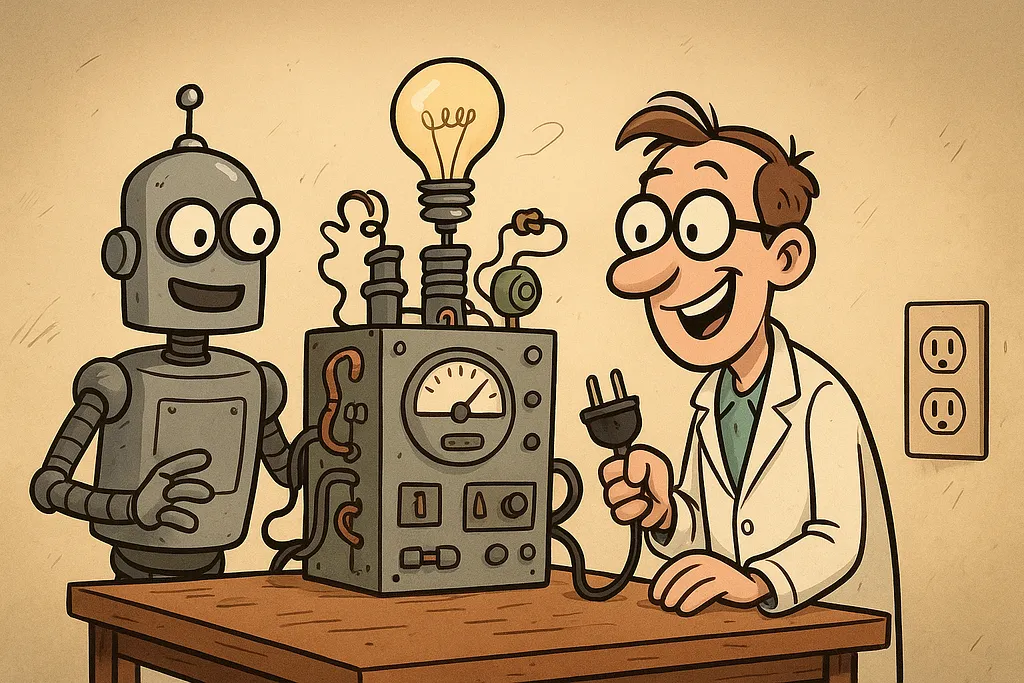 A robot activating a compact gadget that sets a much larger mechanism into motion.