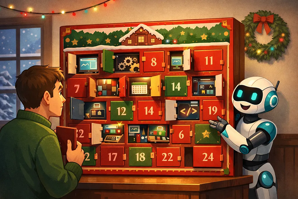 A robot opening numbered doors one by one, uncovering what the product can actually do today.
