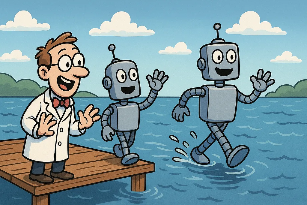 A robot swimming well past the marker, achieving accuracy that exceeded the target before the sprint was over.
