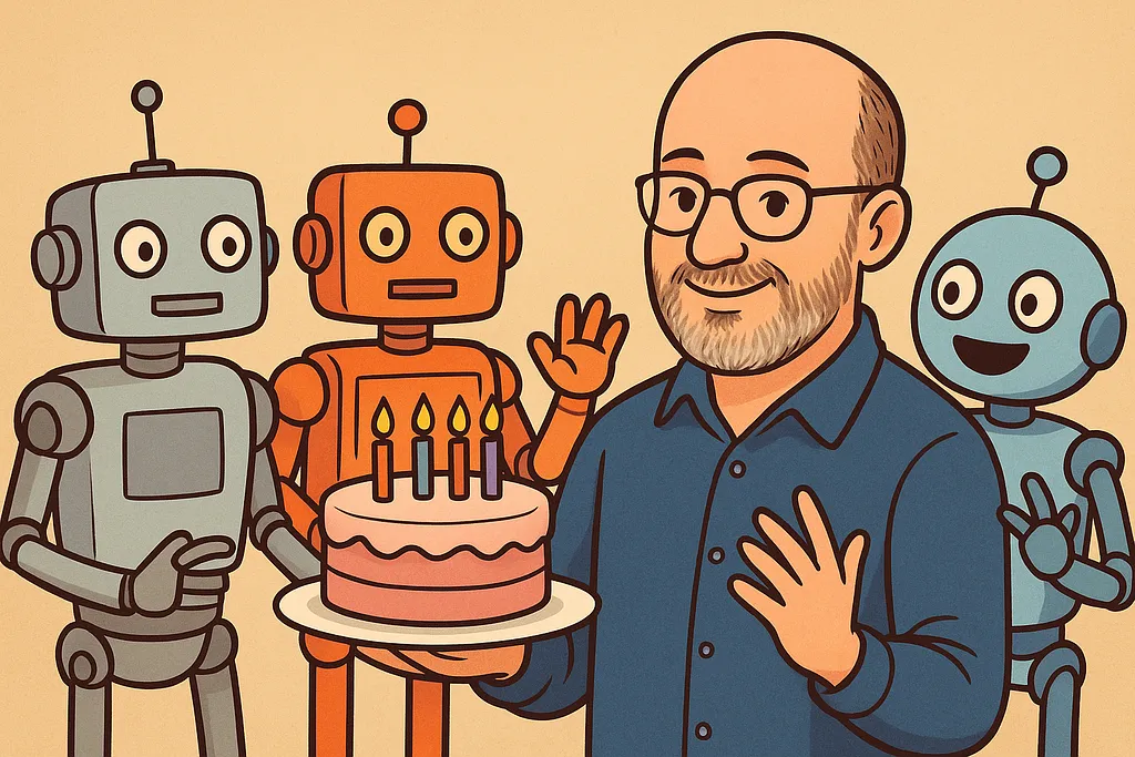 A robot celebrating a milestone achieved through patient discipline rather than sudden heroics.