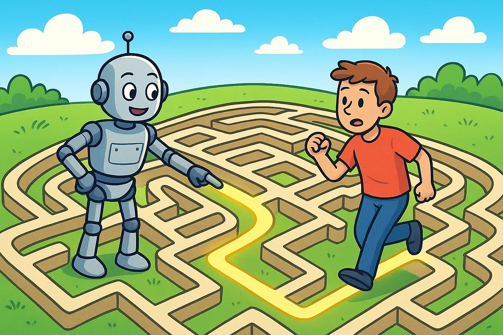 A robot navigating a maze by investigating the correct path first, completing in minutes what guessing would take days.