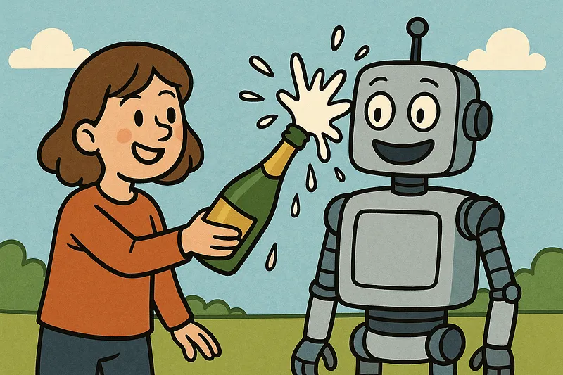 A robot raising a champagne glass in celebration, marking the moment a project earns its name.