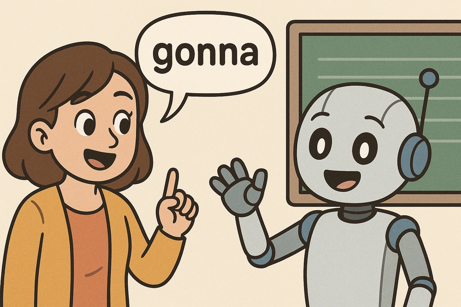 A robot mid-speech with a word bubble, translating mechanical output into natural human language.