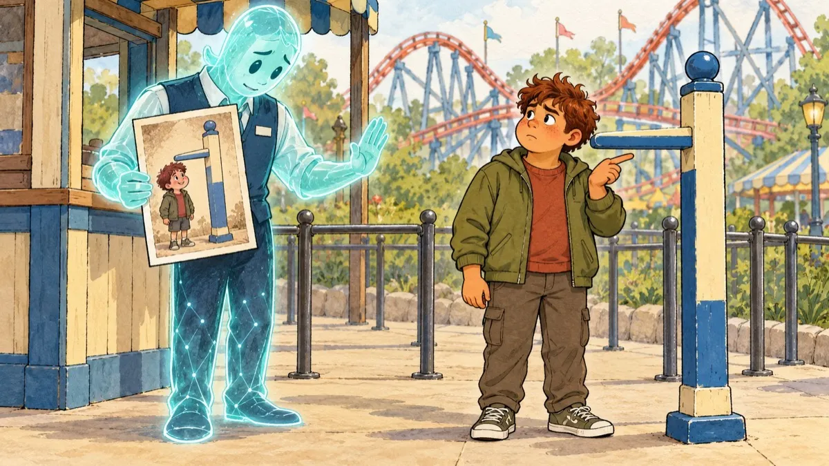 An AI ride attendant holds up an old photograph of a child below the height requirement, refusing entry while the now-taller child points to the marker they exceed.
